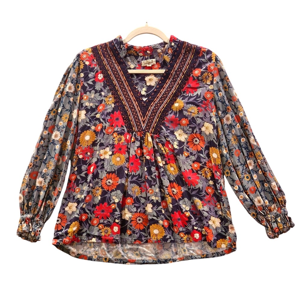 Peasant Sz L Top Floral‎ Contrast Boho Cottage Core Long Sleeve Blouse #436